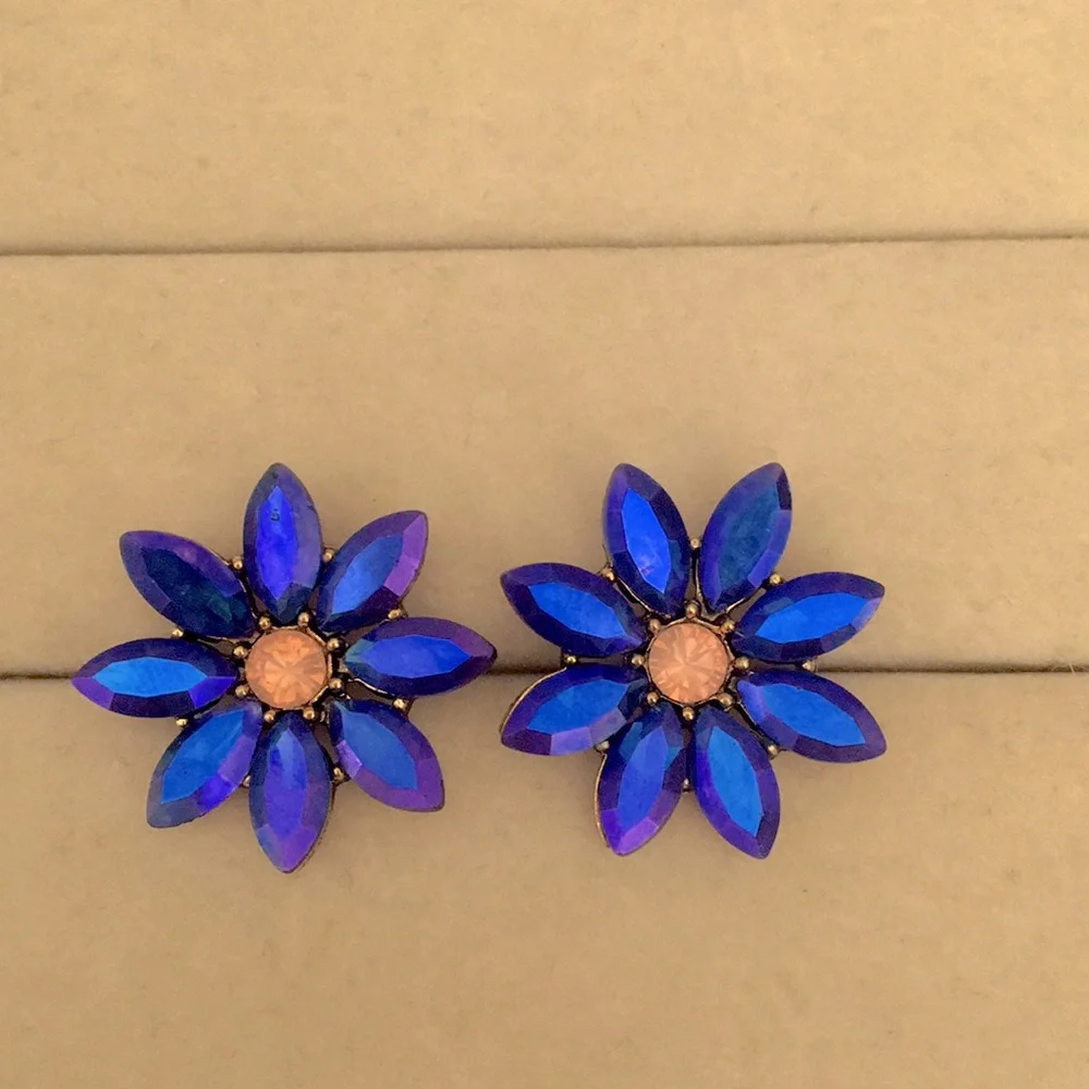 Violet Blue Aurora Borealis + Pink Opal Crystal Flower Statement Earrings
